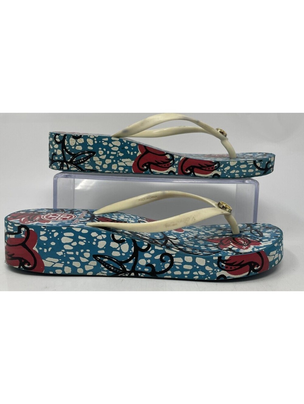 Authentic Tory Burch Womens Multicolor Floral Wedge Flip Flop Sandals Sz 7 Worn